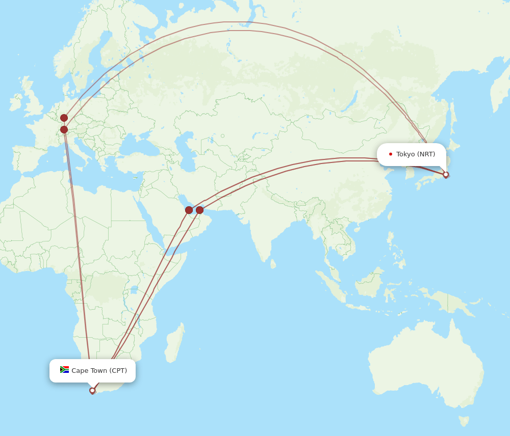 NRT to CPT flights and routes map