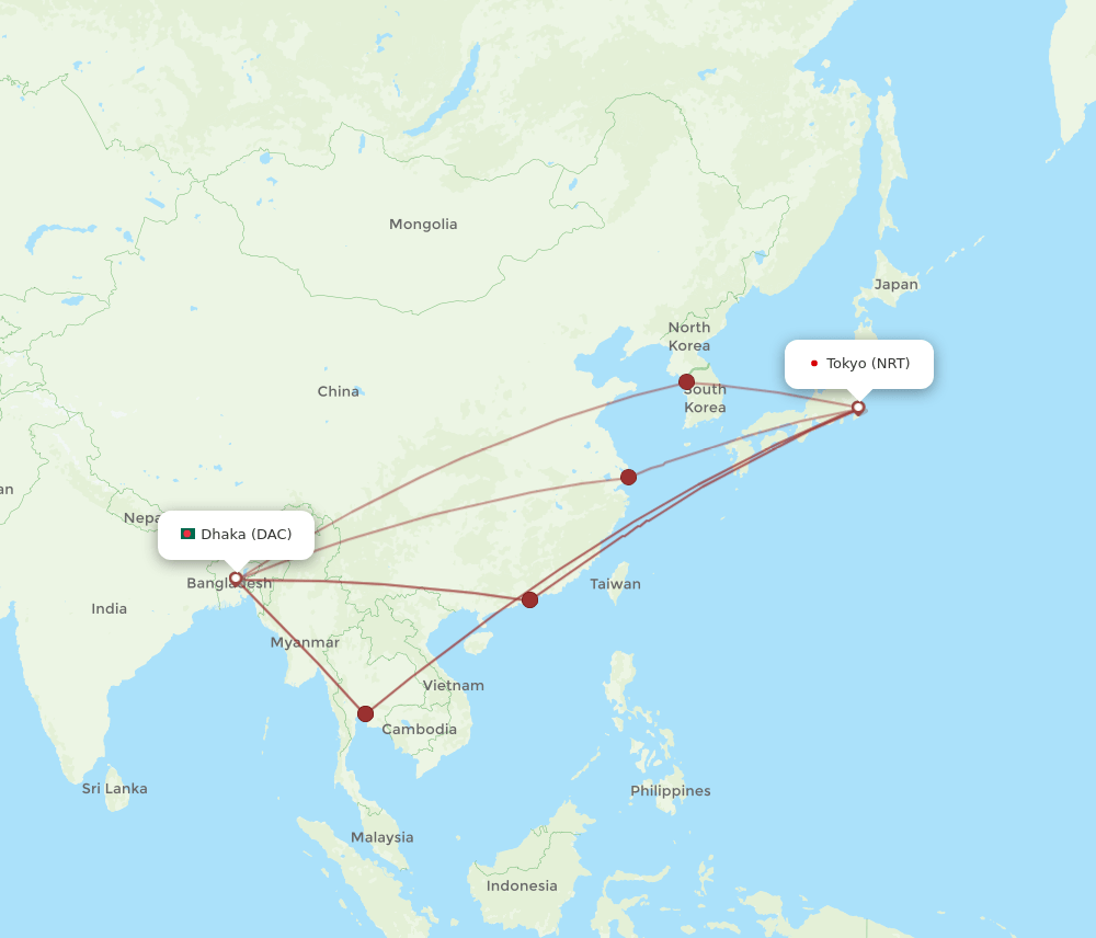 NRT-DAC flight routes
