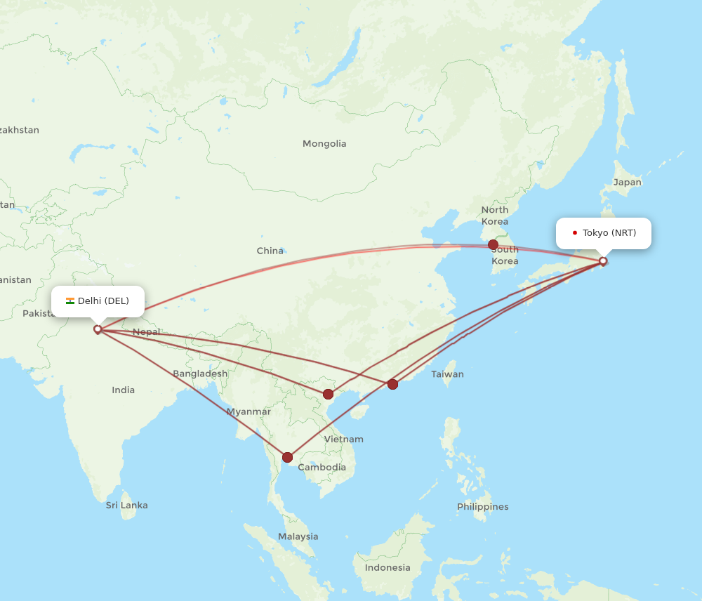 NRT to DEL flights and routes map