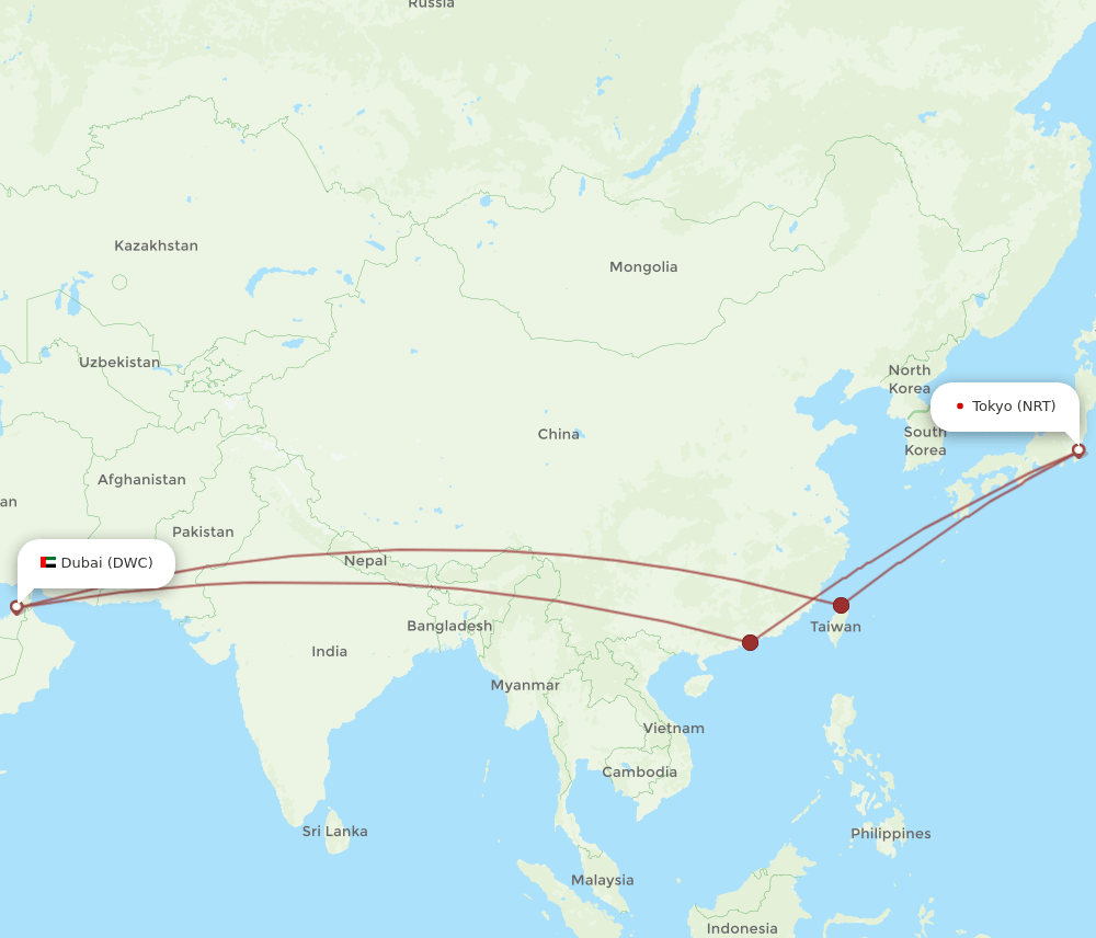 Tokyo - Dubai route map and flight paths