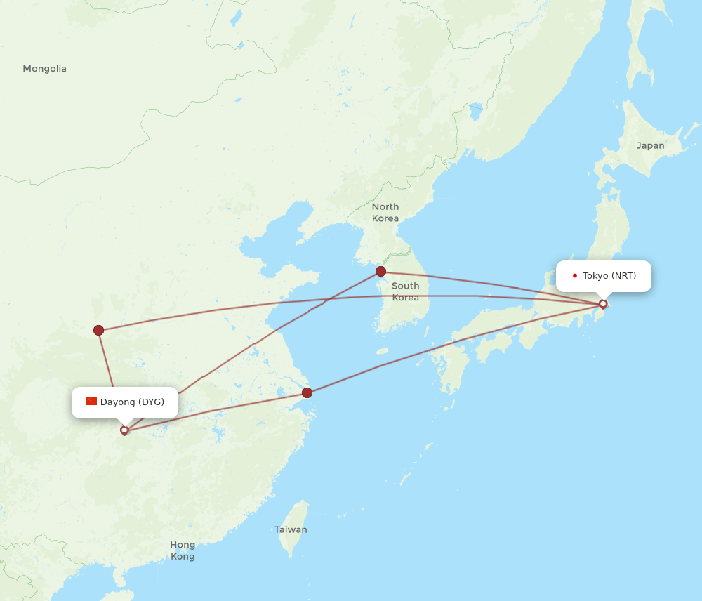 NRT-DYG flight routes