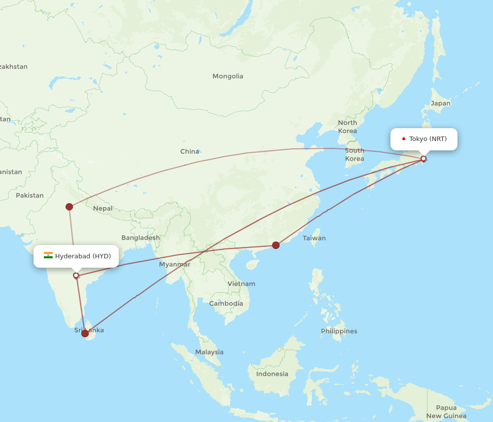 NRT to HYD flights and routes map