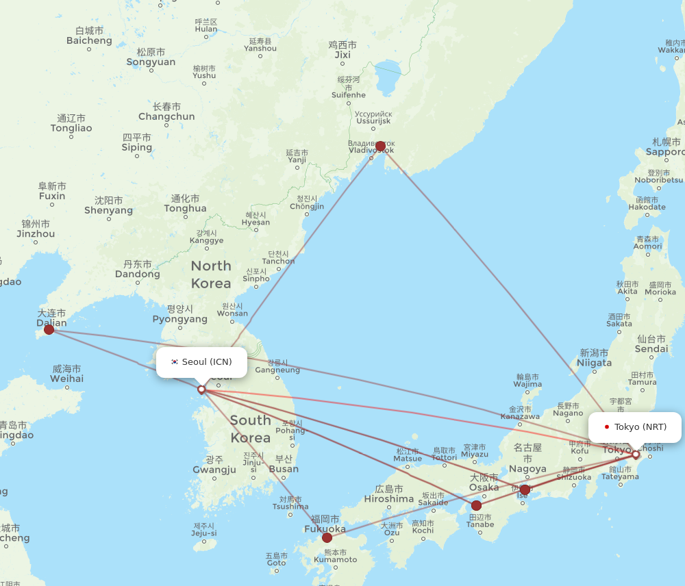 NRT to ICN flights and routes map