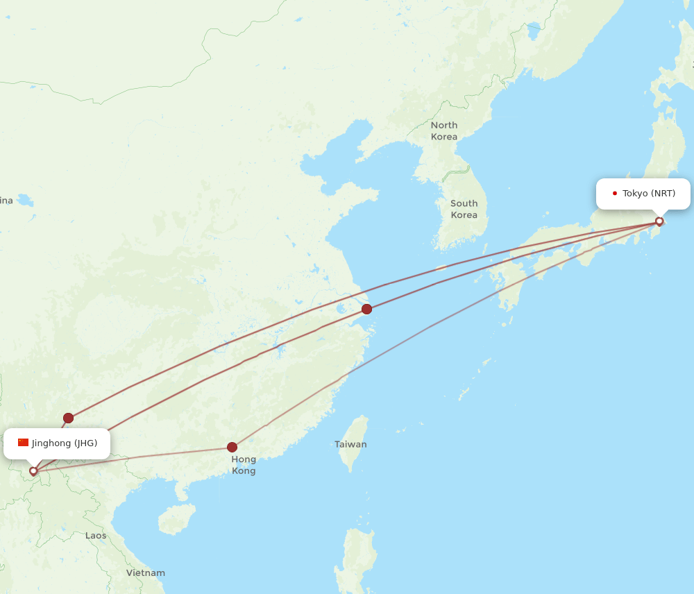 NRT-JHG flight routes