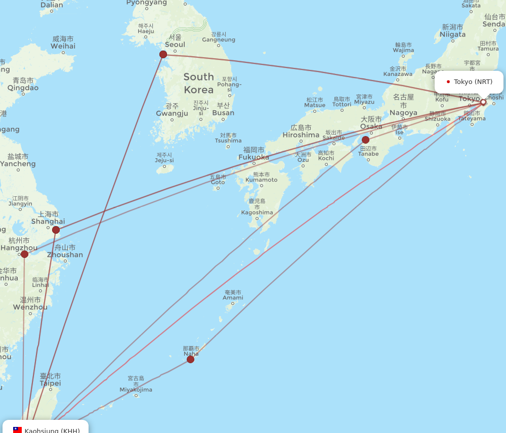 NRT to KHH flights and routes map