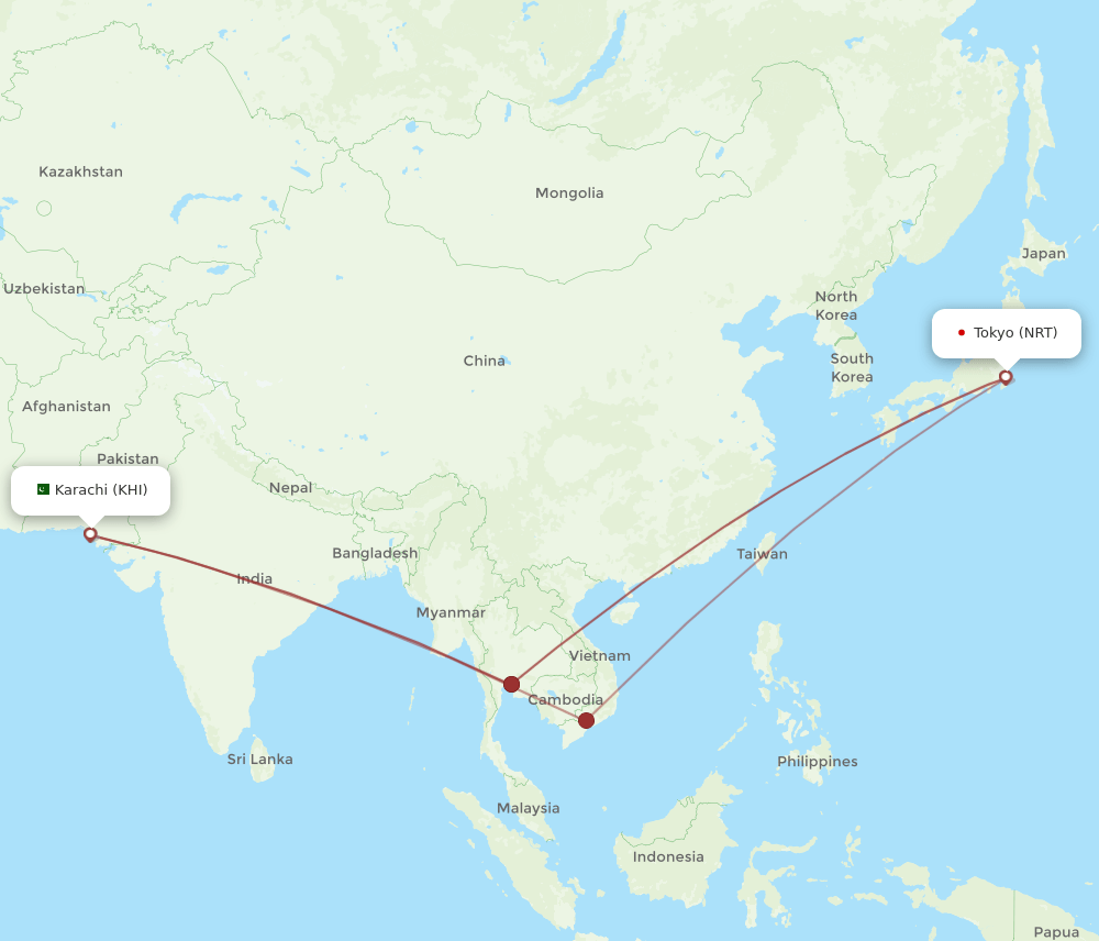 NRT to KHI flights and routes map