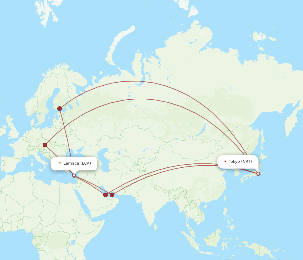 NRT-LCA flight routes