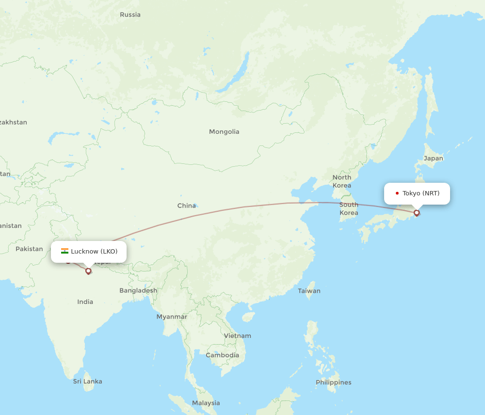 Lucknow - Tokyo route map and flight paths