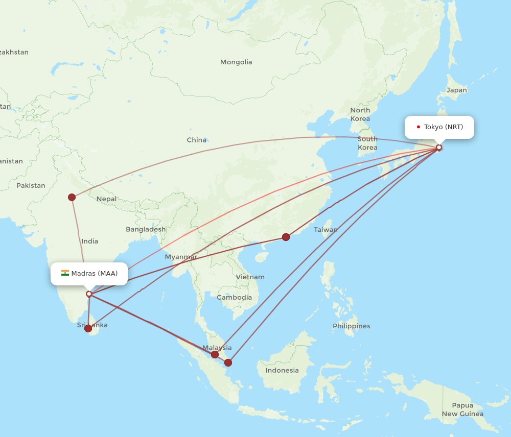 NRT to MAA flights and routes map