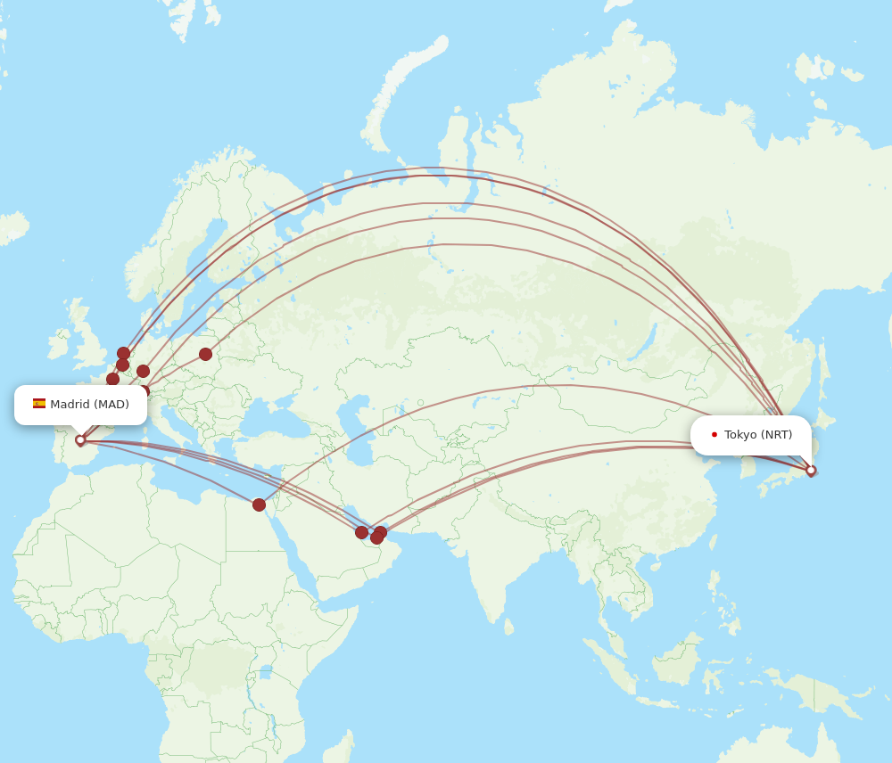 NRT to MAD flights and routes map
