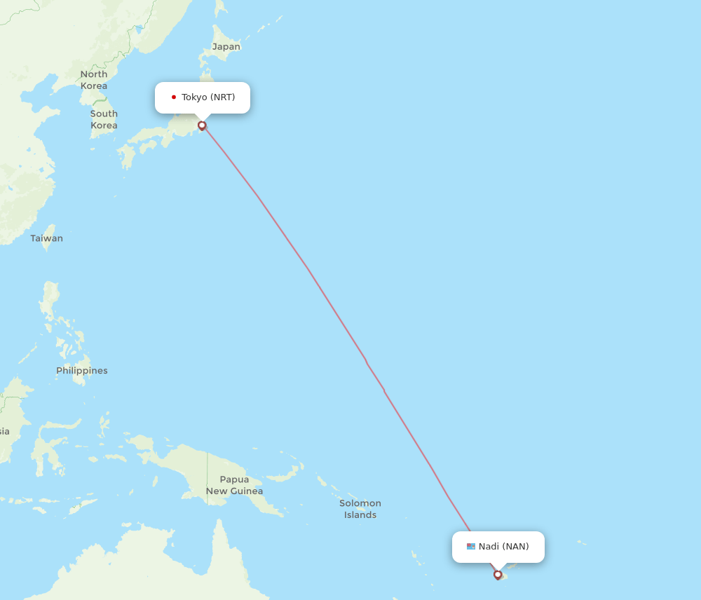 Tokyo - Nadi route map and flight paths