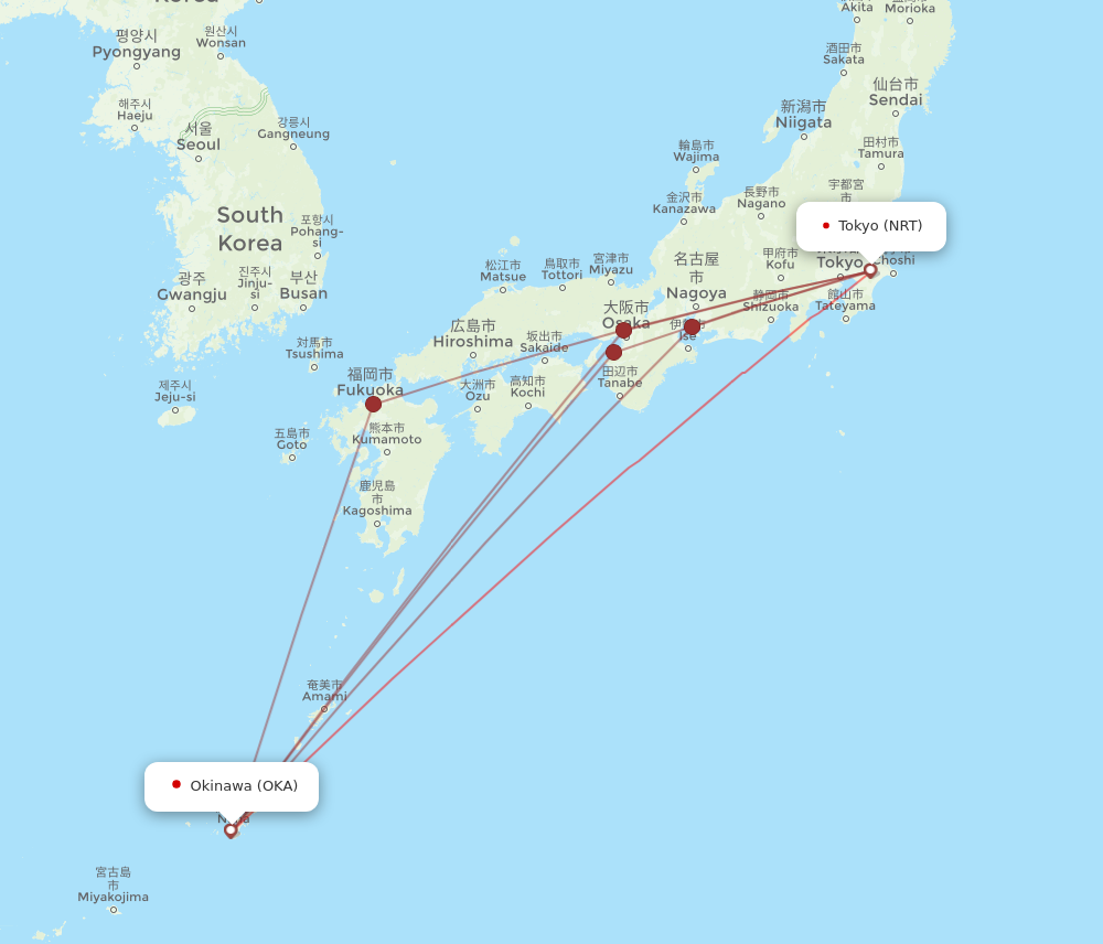 NRT to OKA flights and routes map
