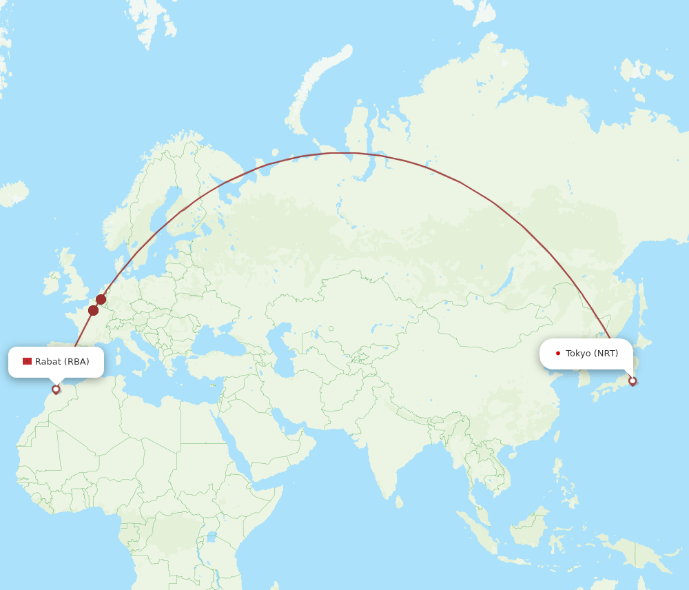 NRT-RBA flight routes