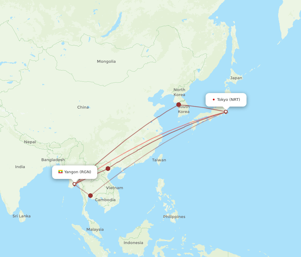 NRT-RGN flight routes