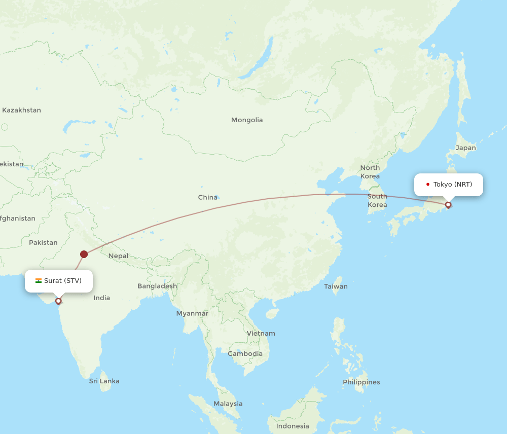 NRT-STV flight routes