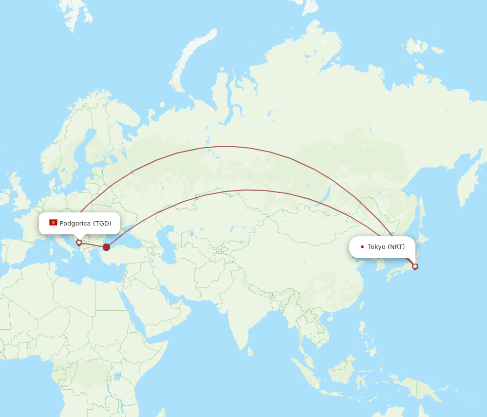 NRT-TGD flight routes