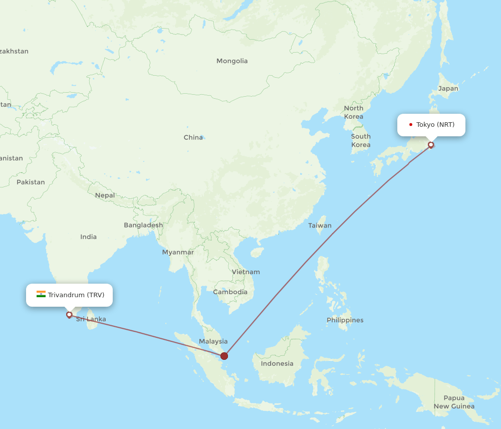 NRT to TRV flights and routes map