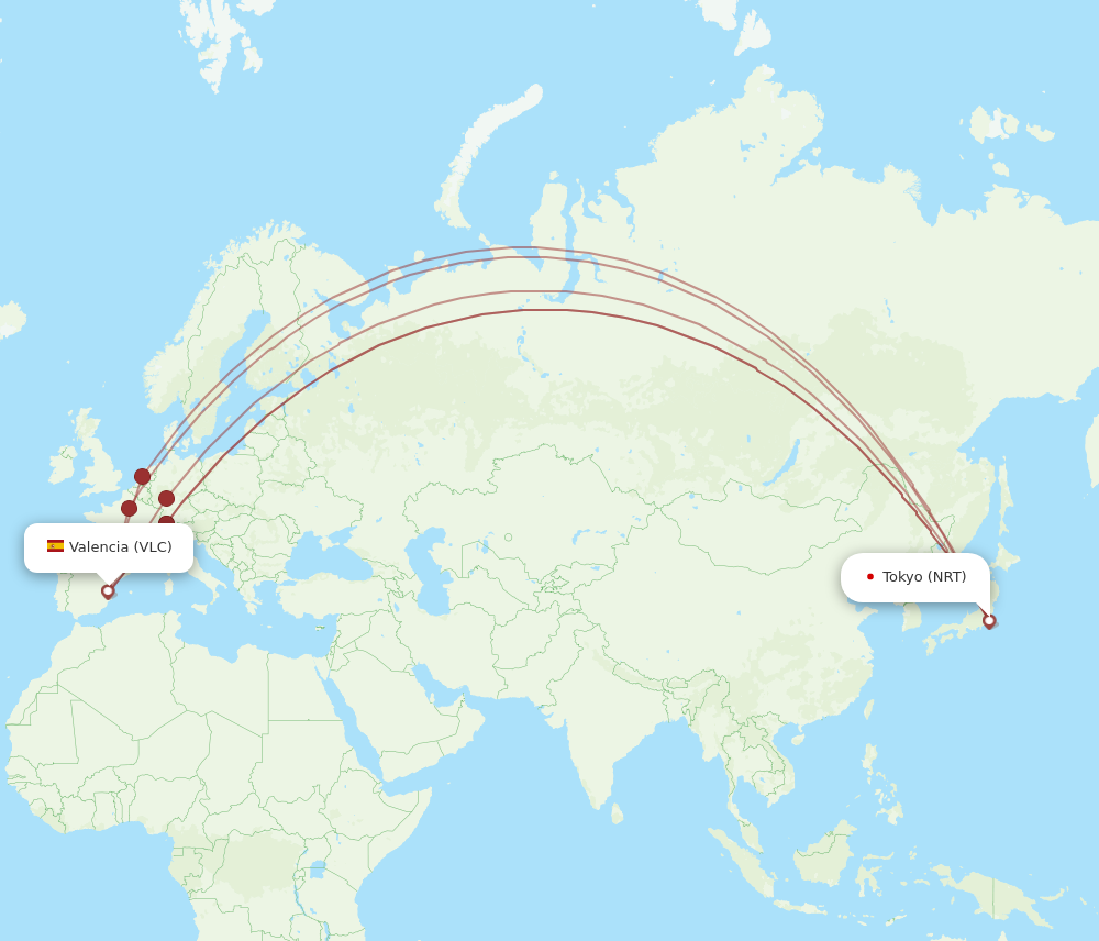 NRT to VLC flights and routes map
