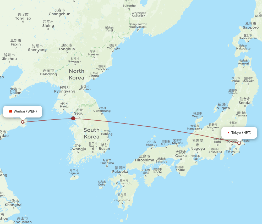NRT to WEH flights and routes map