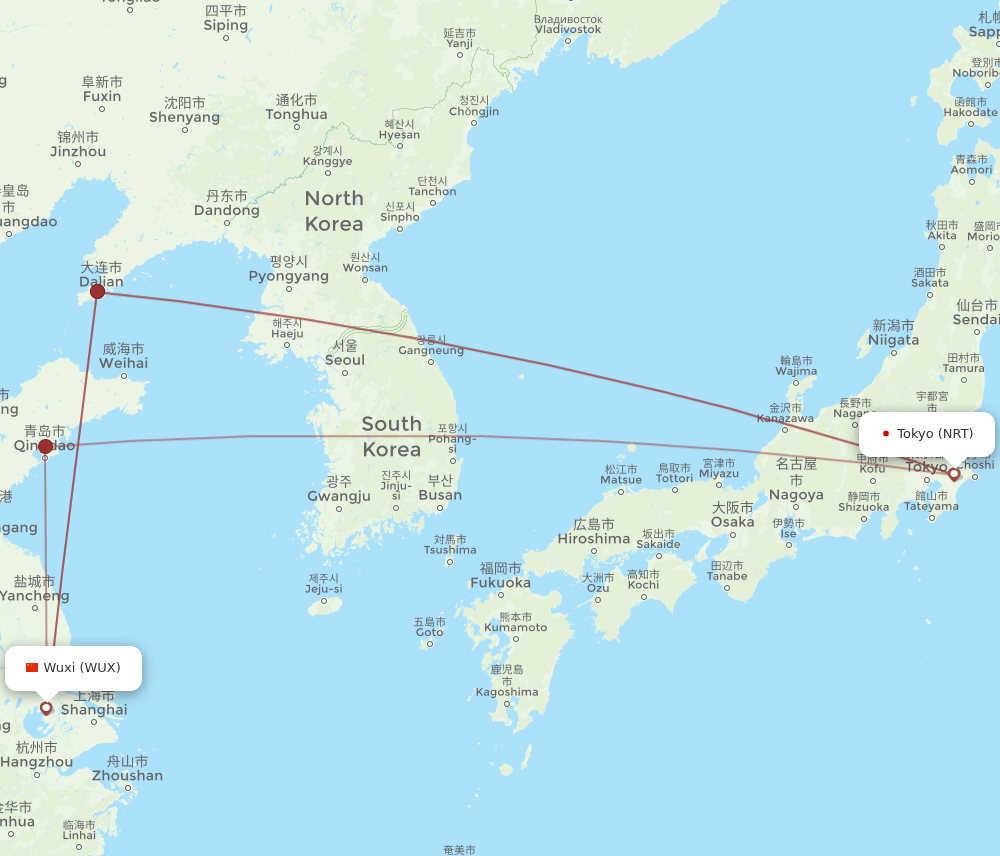 NRT to WUX flights and routes map