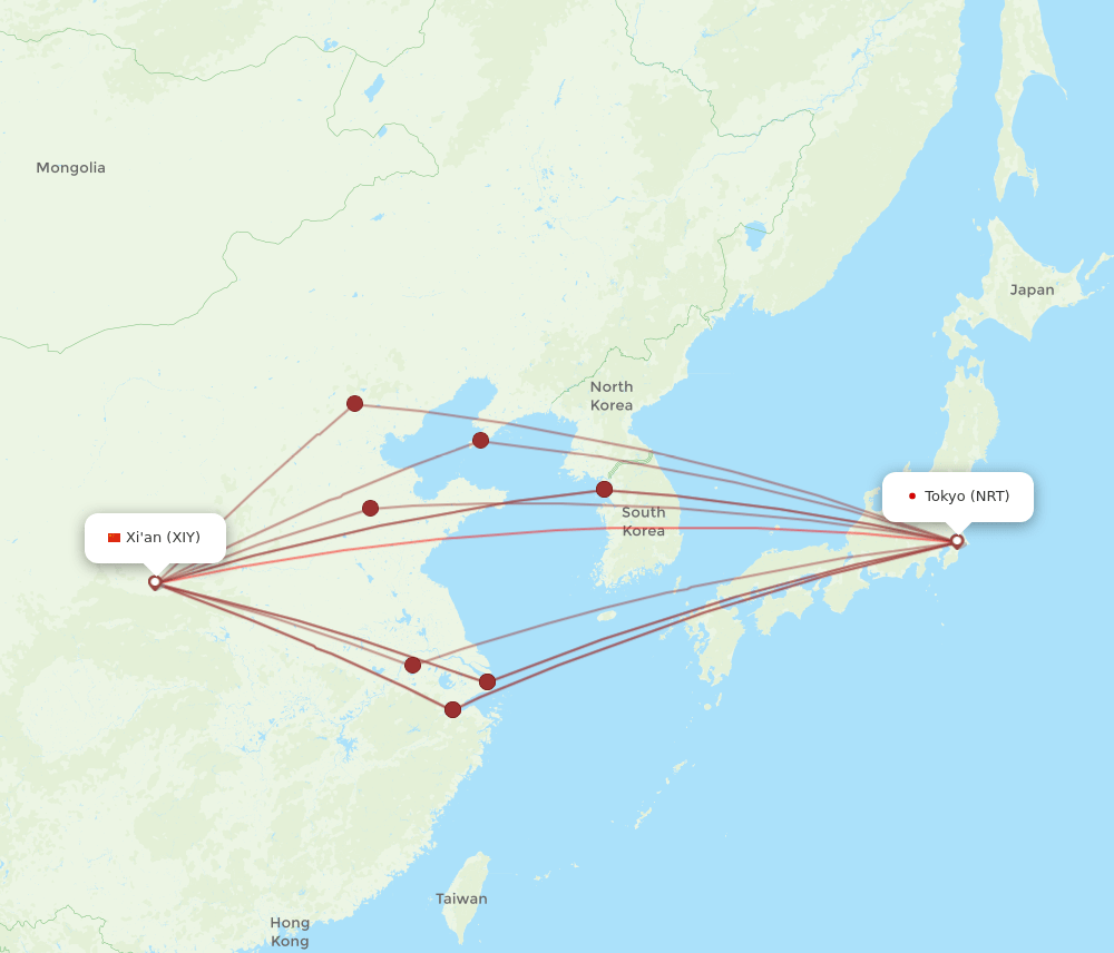 NRT to XIY flights and routes map