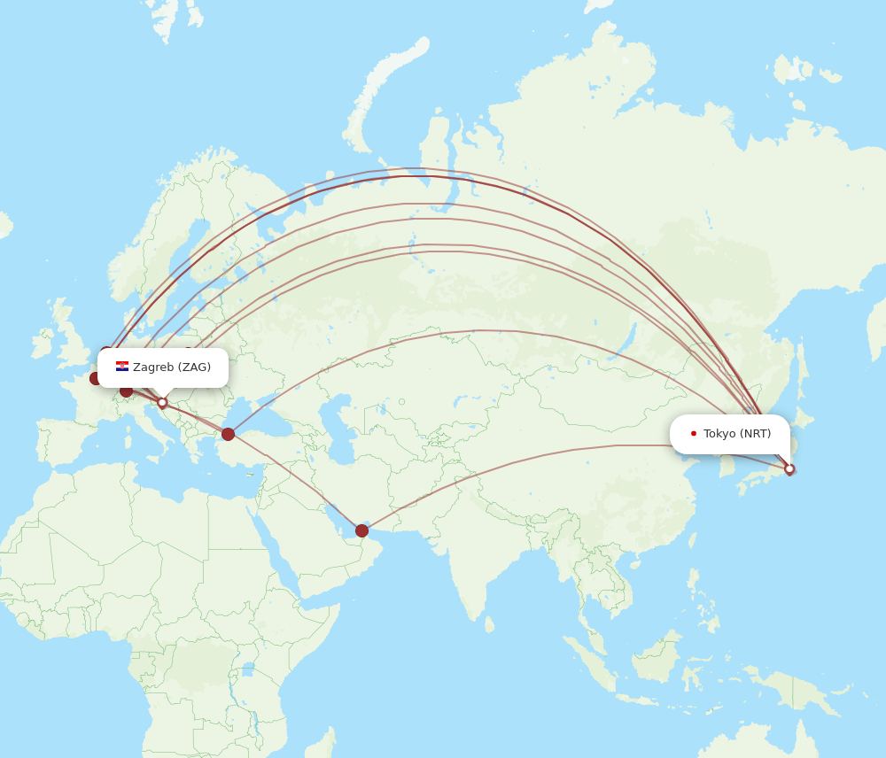 Zagreb - Tokyo route map and flight paths