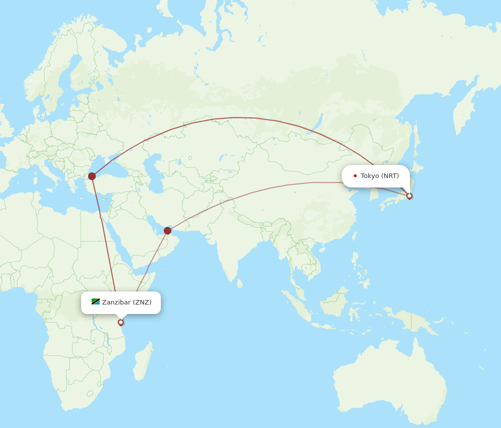 Zanzibar - Tokyo route map and flight paths