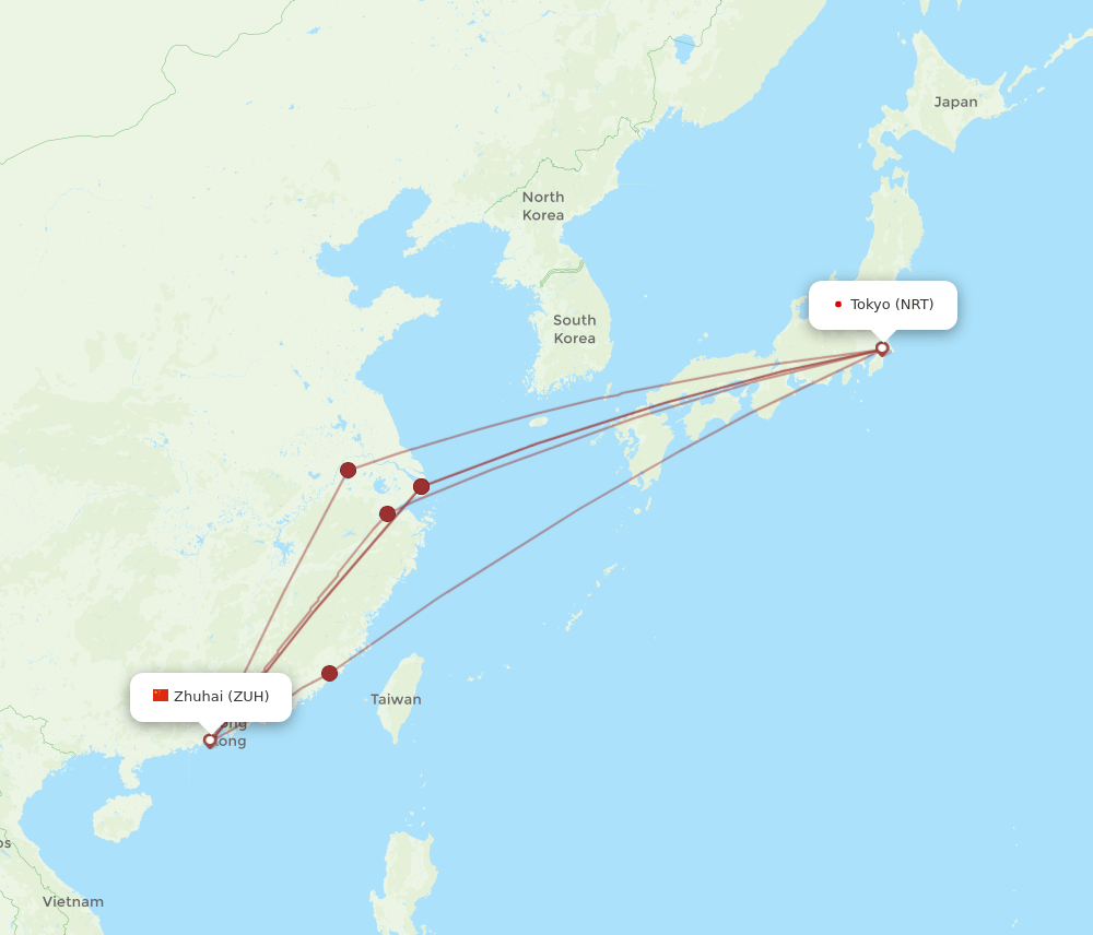 Zhuhai - Tokyo route map and flight paths
