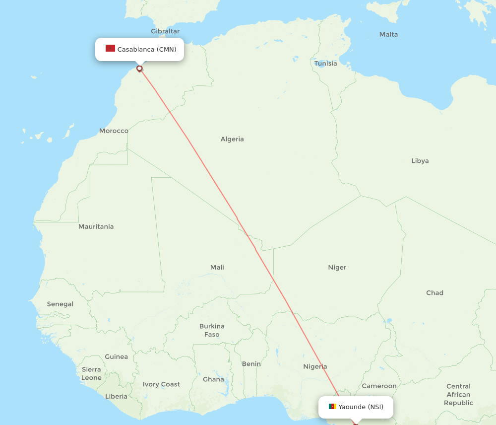 Yaounde - Casablanca route map and flight paths
