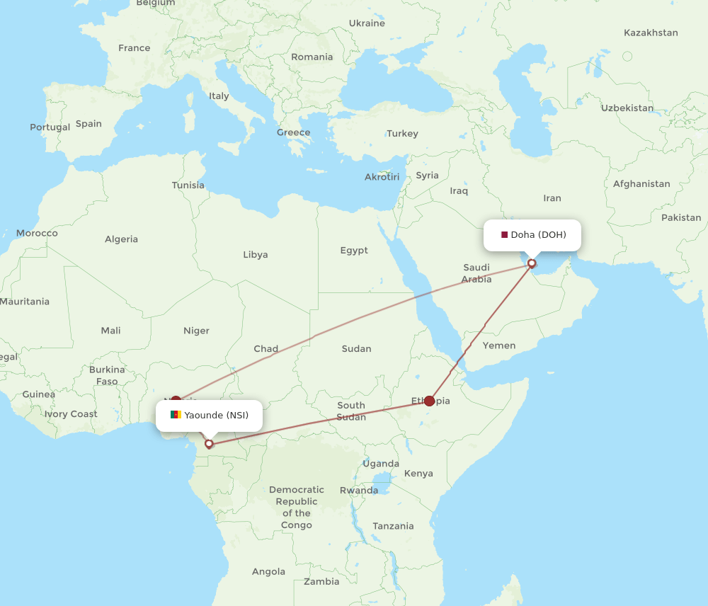 Doha - Yaounde route map and flight paths
