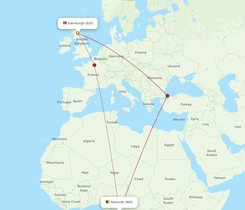 Edinburgh - Yaounde route map and flight paths