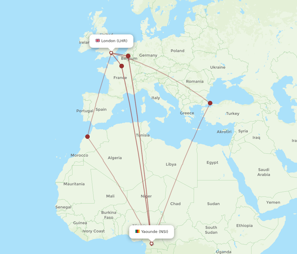 NSI to LHR flights and routes map