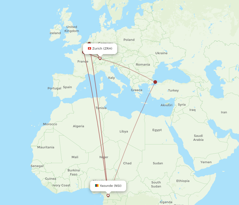 Zurich - Yaounde route map and flight paths