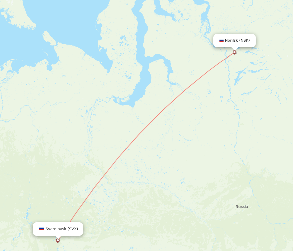 Noril'sk - Yekaterinburg route map and flight paths