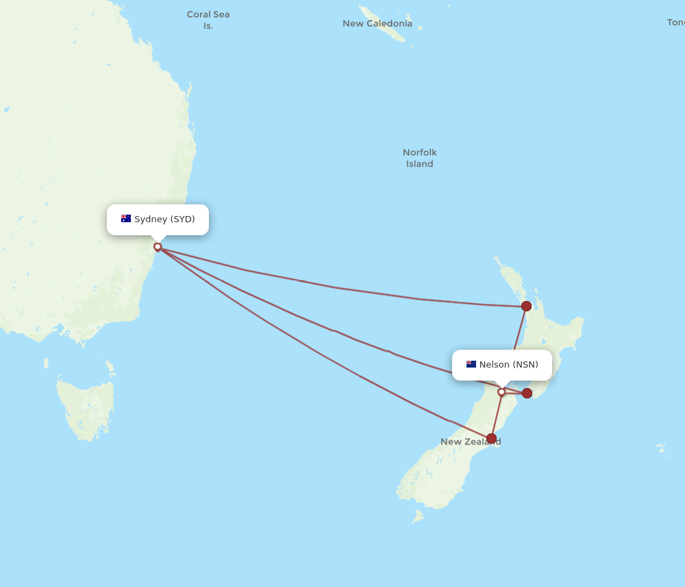 NSN to SYD flights and routes map