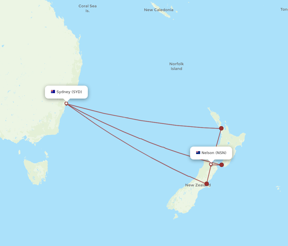 NSN-SYD flight routes