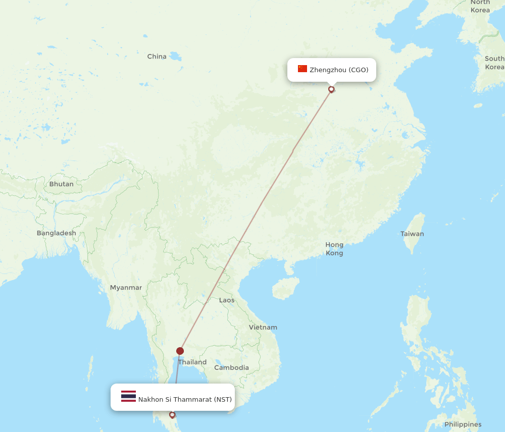 Zhengzhou - Nakhon Si Thammarat route map and flight paths