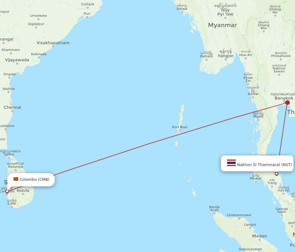 Colombo - Nakhon Si Thammarat route map and flight paths
