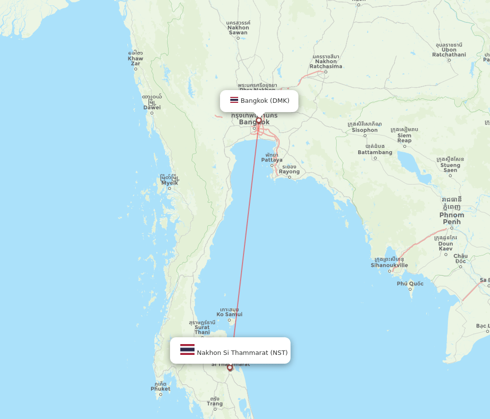 Nakhon Si Thammarat - Bangkok route map and flight paths