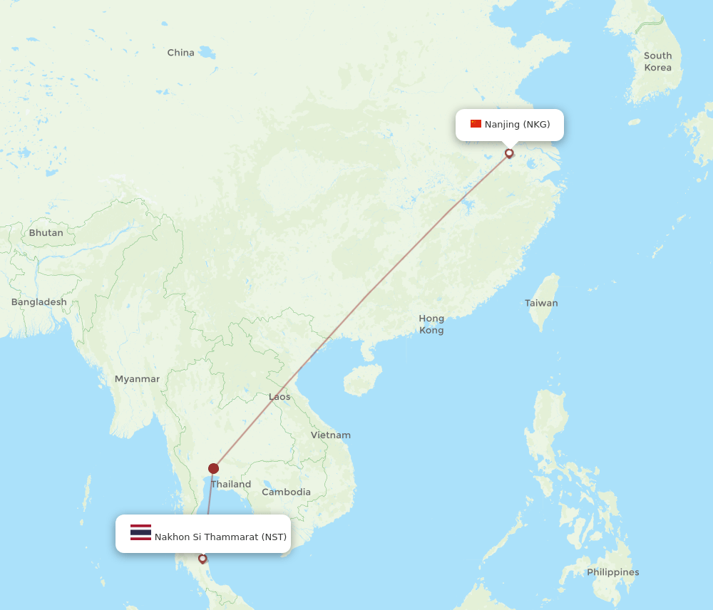 Nanjing - Nakhon Si Thammarat route map and flight paths