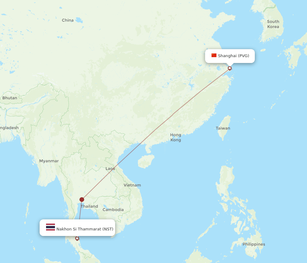 Shanghai - Nakhon Si Thammarat route map and flight paths