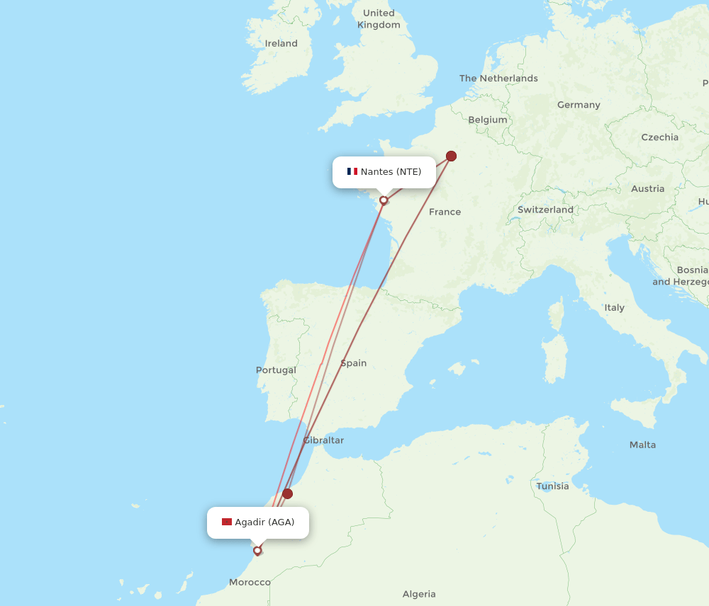 NTE-AGA flight routes