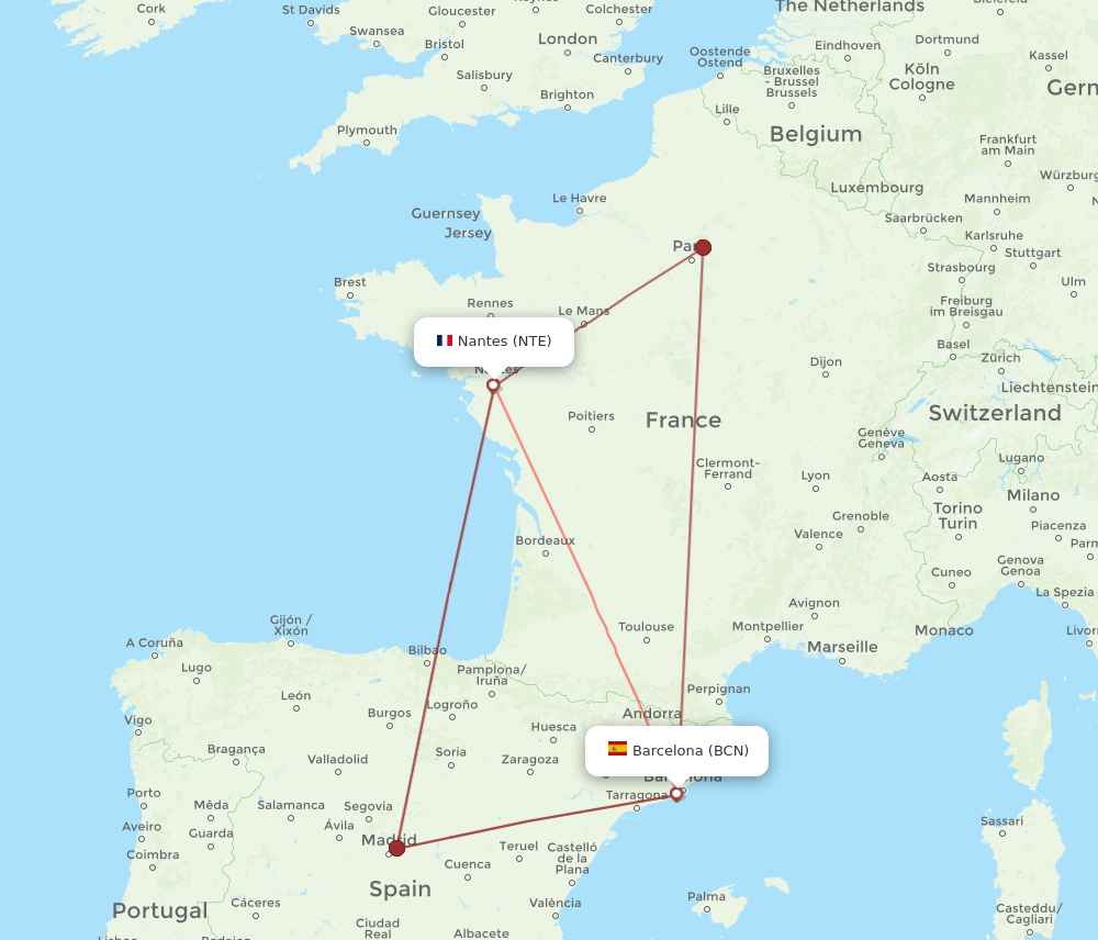 NTE to BCN flights and routes map