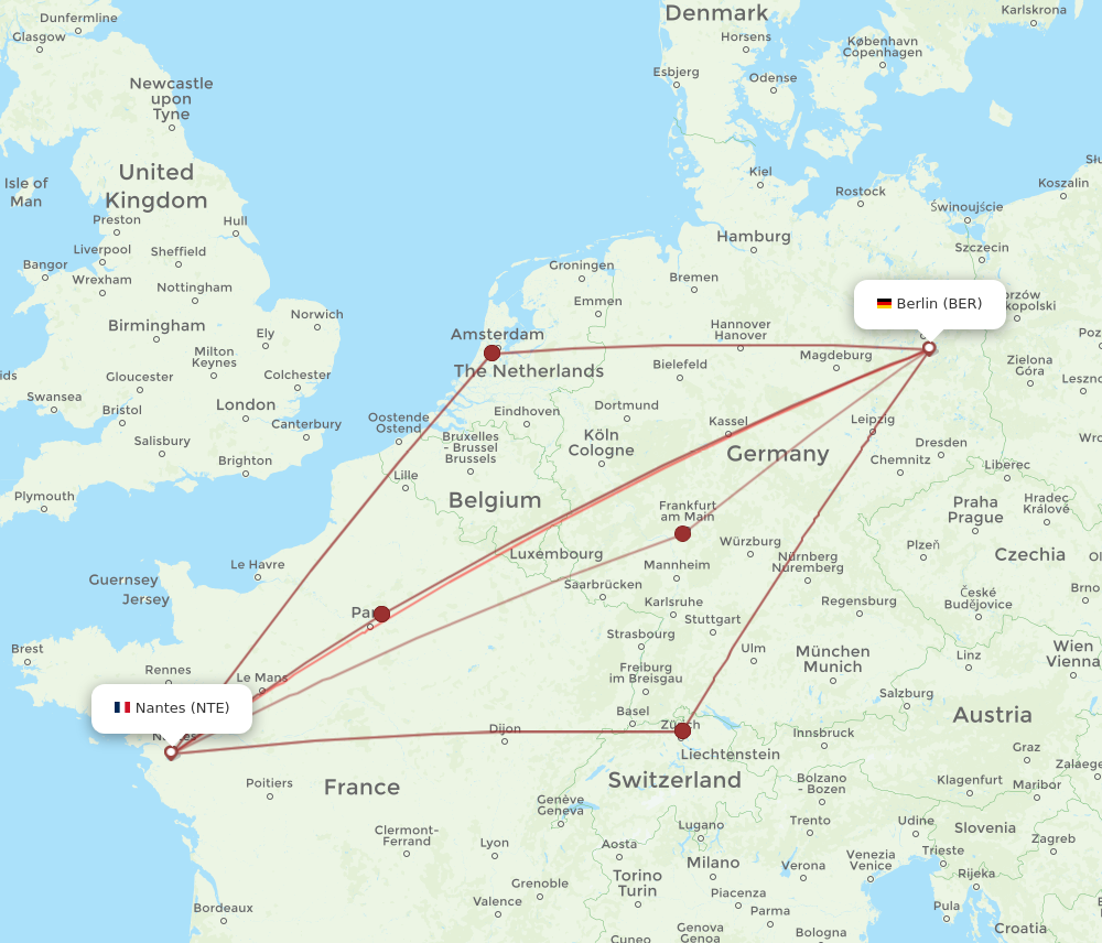 NTE to BER flights and routes map