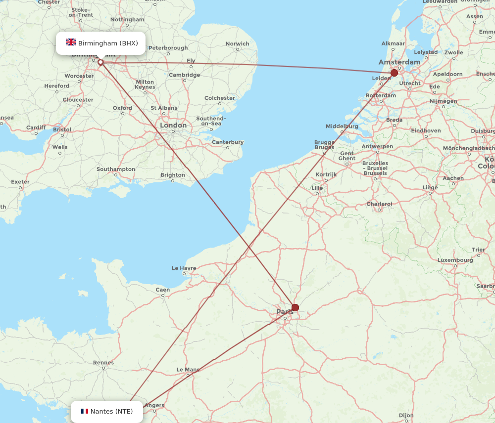 NTE to BHX flights and routes map