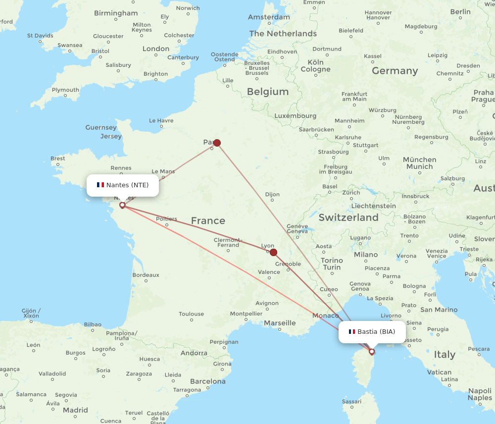 NTE to BIA flights and routes map