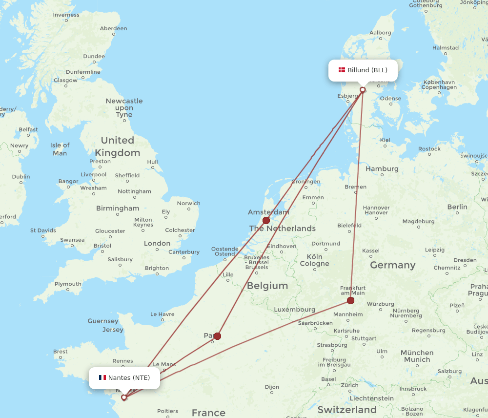 NTE-BLL flight routes