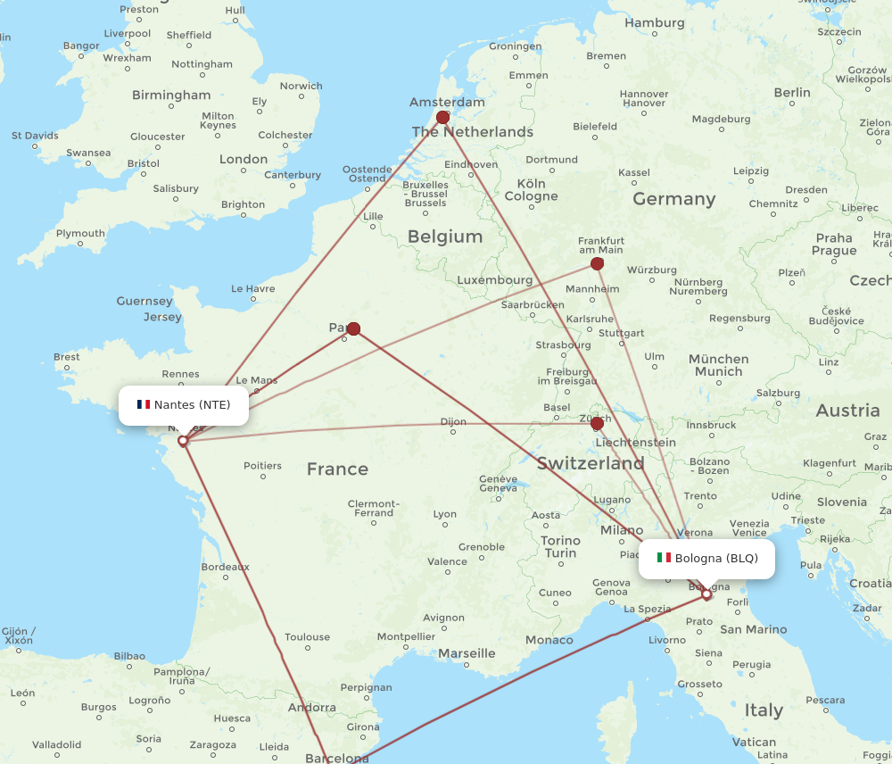 NTE to BLQ flights and routes map