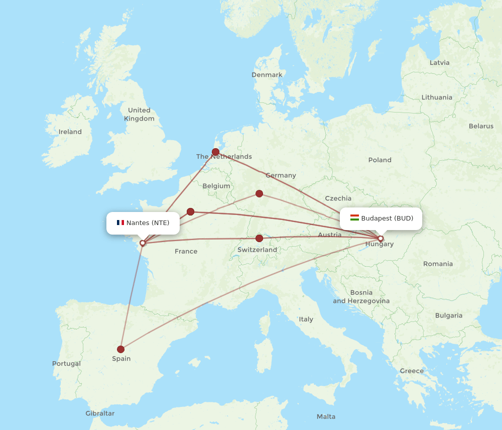 NTE to BUD flights and routes map