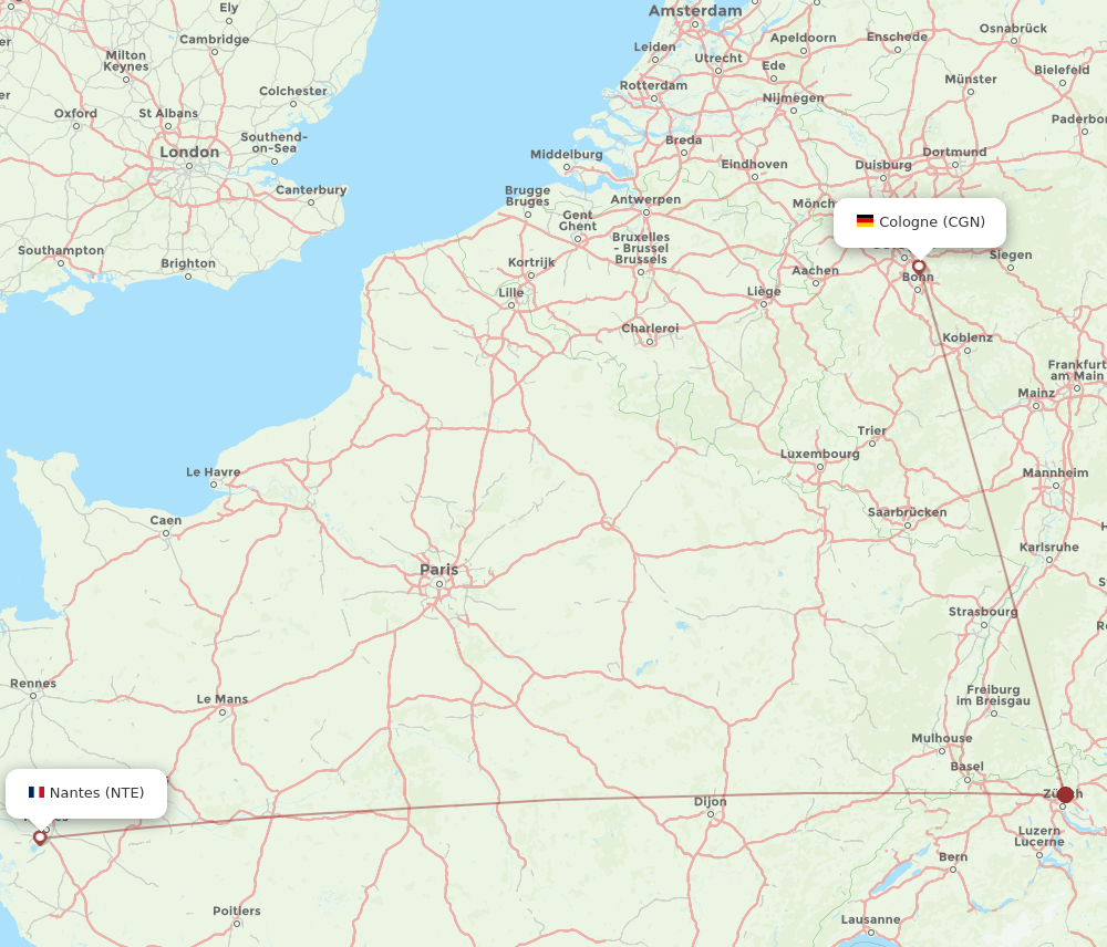 Cologne - Nantes route map and flight paths